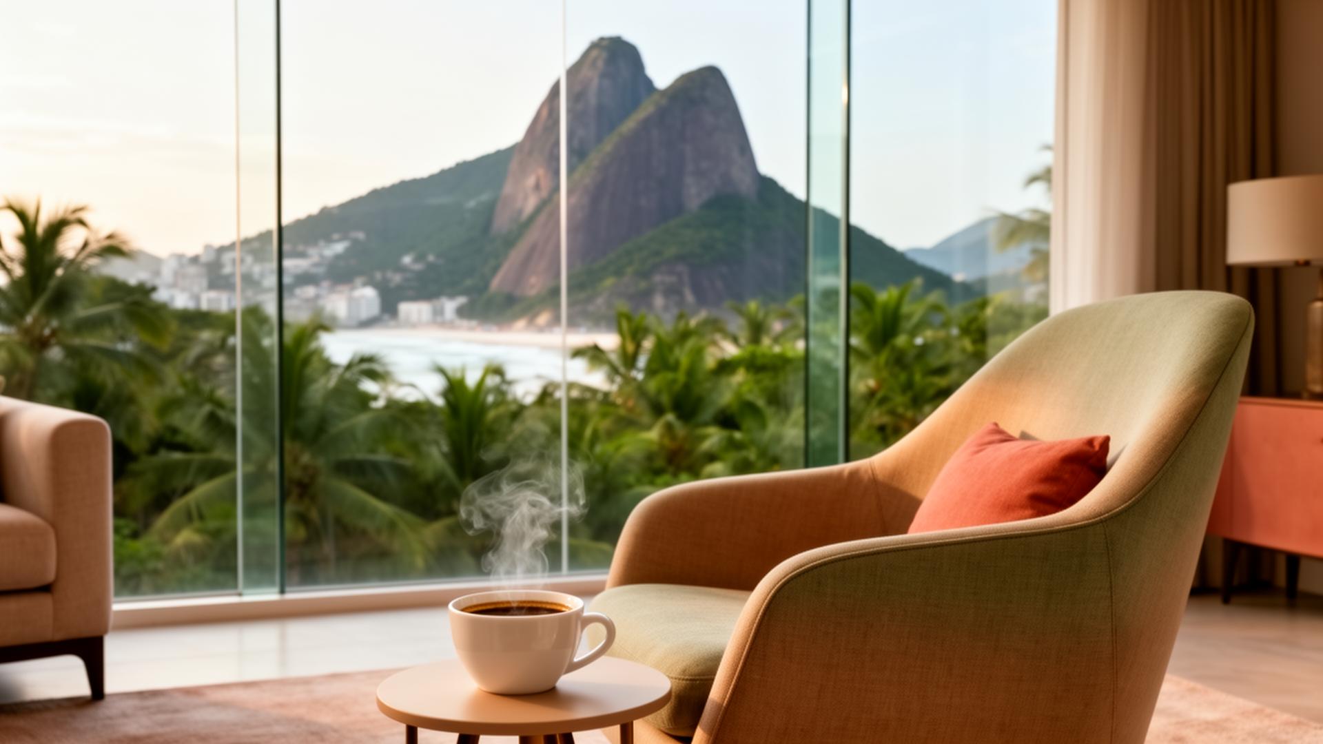 Cafezinho ao lado de um notebook em uma mesa de madeira no escritório da Carioquinha em Ipanema